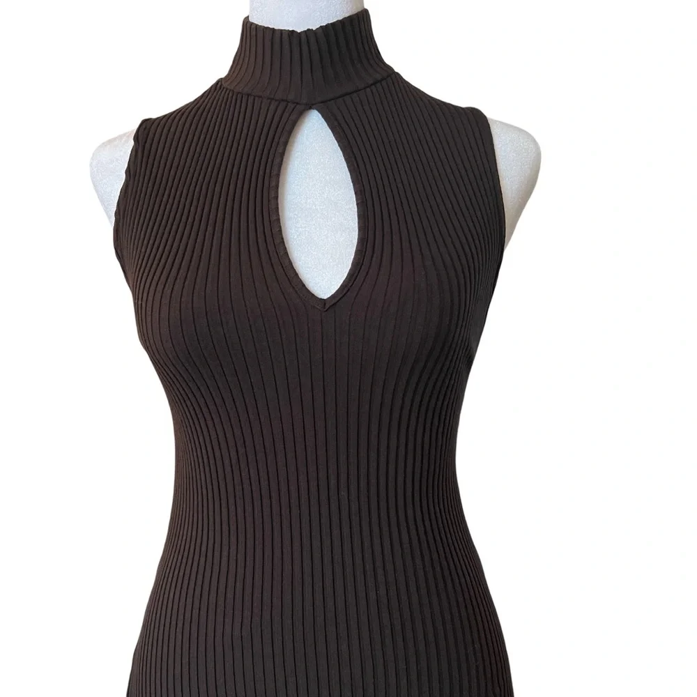 Zara Brown Bodycon Dress midi sleeveless ribbed keyhole front. - Picture 1 of 6